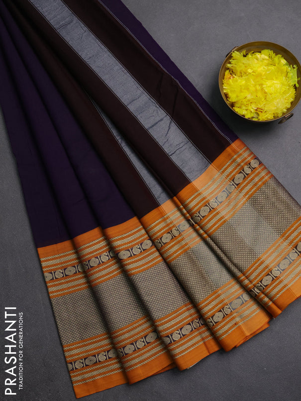 Narayanpet cotton saree deep violet and mustard yellow with plain body and long thread woven border