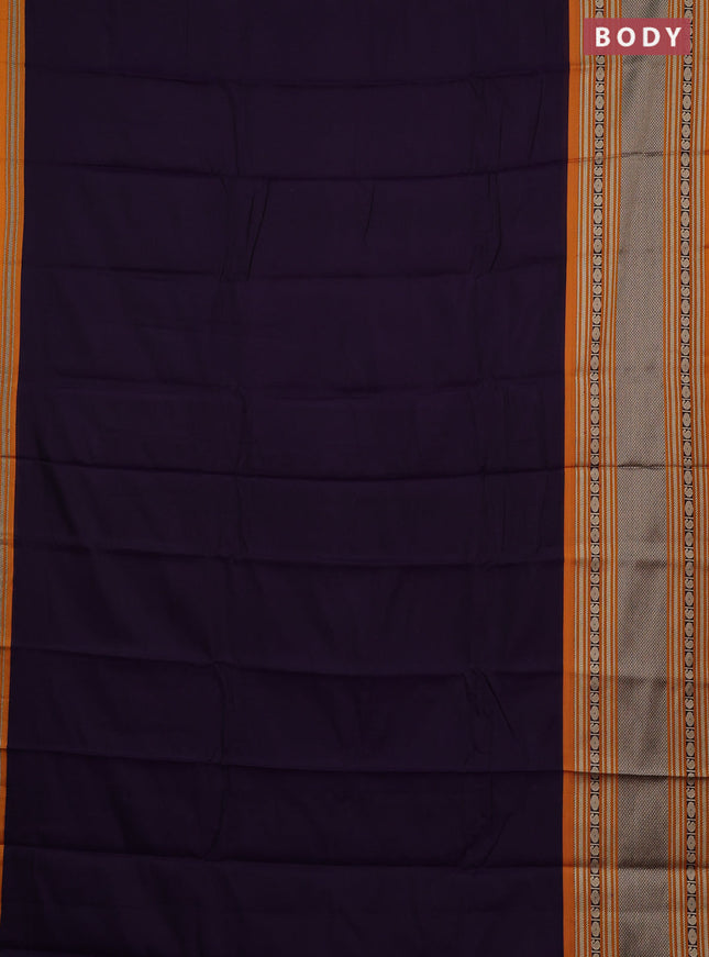 Narayanpet cotton saree deep violet and mustard yellow with plain body and long thread woven border