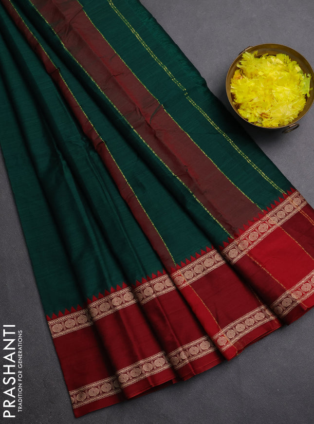Narayanpet cotton saree green and dark beige with plain body and ganga jamuna border
