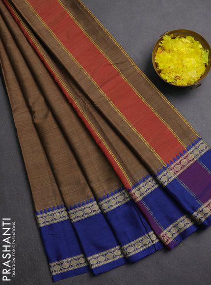 Narayanpet cotton saree dark beige and pink with plain body and ganga jamuna border