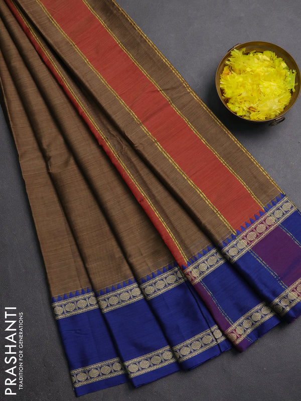 Narayanpet cotton saree dark beige and pink with plain body and ganga jamuna border