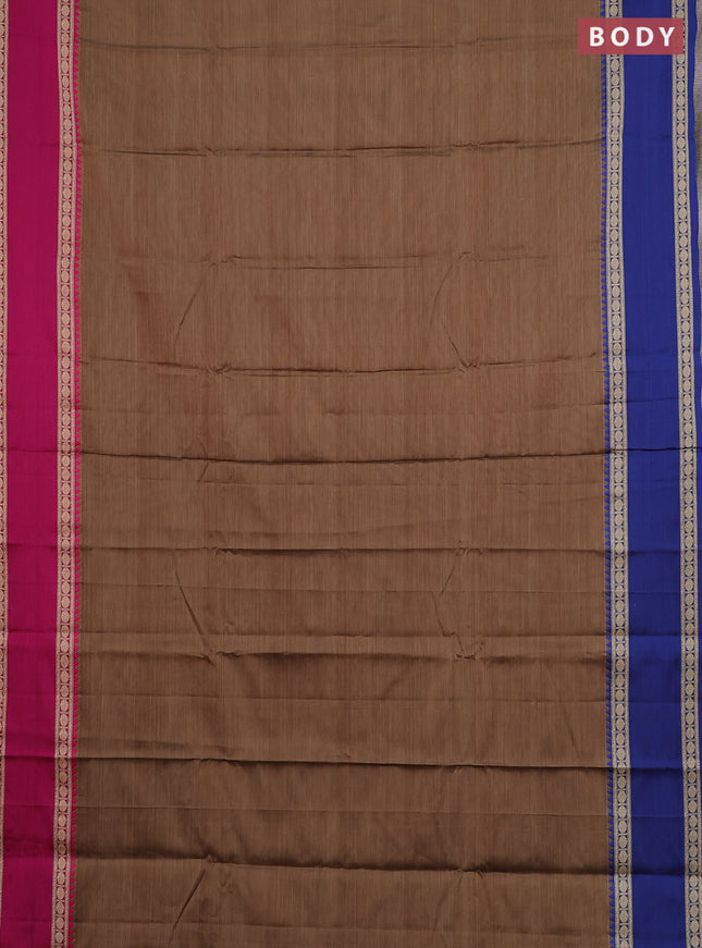 Narayanpet cotton saree dark beige and pink with plain body and ganga jamuna border