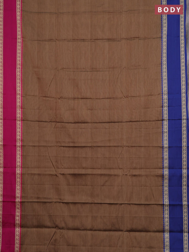 Narayanpet cotton saree dark beige and pink with plain body and ganga jamuna border