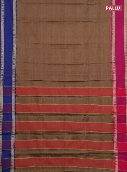 Narayanpet cotton saree dark beige and pink with plain body and ganga jamuna border