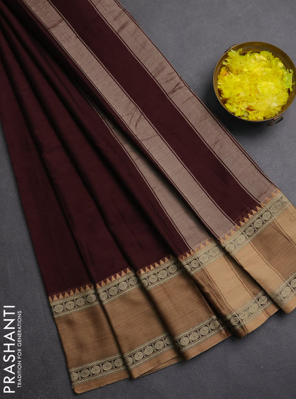 Narayanpet cotton saree coffee brown and mustard yellow with plain body and ganga jamuna border