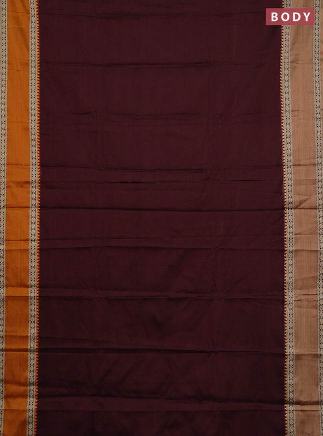 Narayanpet cotton saree coffee brown and mustard yellow with plain body and ganga jamuna border