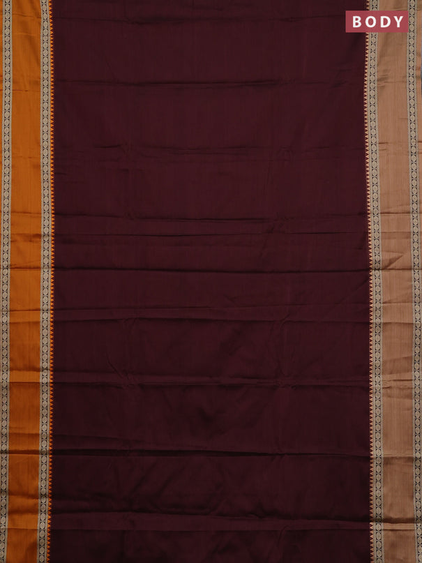 Narayanpet cotton saree coffee brown and mustard yellow with plain body and ganga jamuna border