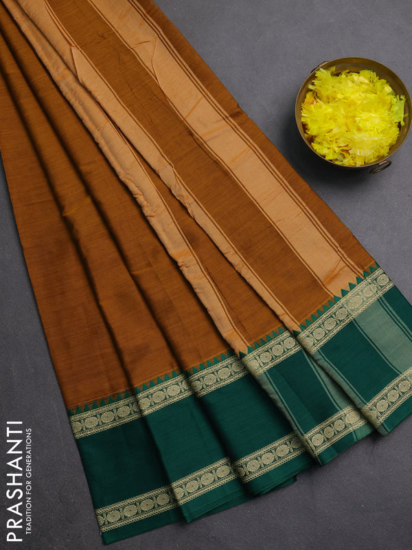 Narayanpet cotton saree mustard yellow and maroon with plain body and ganga jamuna border