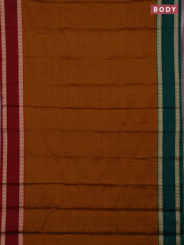 Narayanpet cotton saree mustard yellow and maroon with plain body and ganga jamuna border