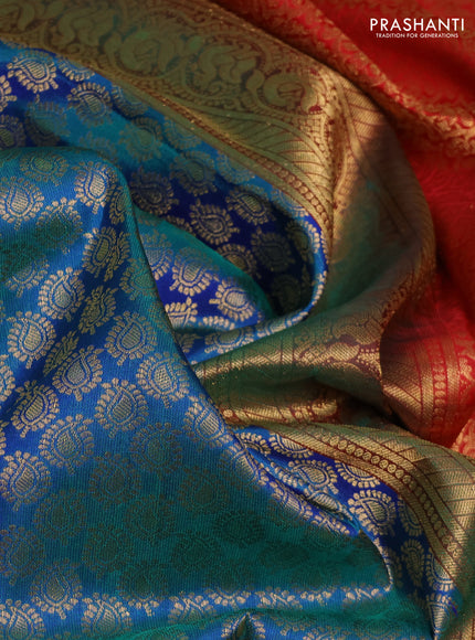 Pure kanchipuram silk saree dual shade of bluish green and red with allover zari woven brocade weaves and rich zari woven korvai border