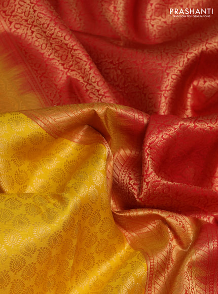 Pure kanchipuram silk saree yellow and red with allover zari woven brocade weaves and rich zari woven korvai border
