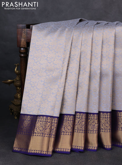 Pure kanchipuram silk saree grey and navy blue with allover zari woven brocade weaves and rich zari woven korvai border