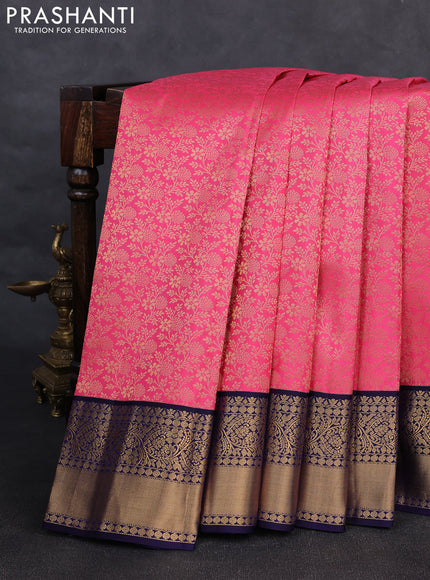 Pure kanchipuram silk saree pink and dark blue with allover zari woven brocade weaves and rich zari woven korvai border