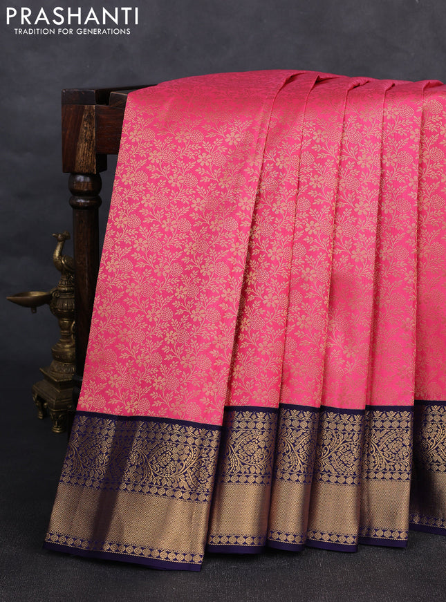 Pure kanchipuram silk saree pink and dark blue with allover zari woven brocade weaves and rich zari woven korvai border