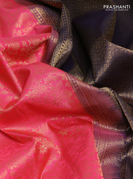 Pure kanchipuram silk saree pink and dark blue with allover zari woven brocade weaves and rich zari woven korvai border