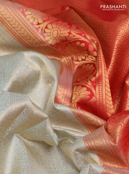 Pure kanchipuram silk saree pastel blue shade and red with allover zari woven brocade weaves and rich zari woven korvai border