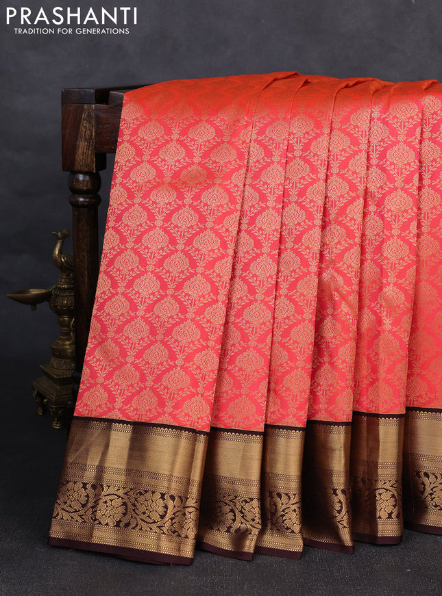 Pure kanchipuram silk saree peach orange and coffee brown with allover zari woven brocade weaves and rich zari woven korvai border