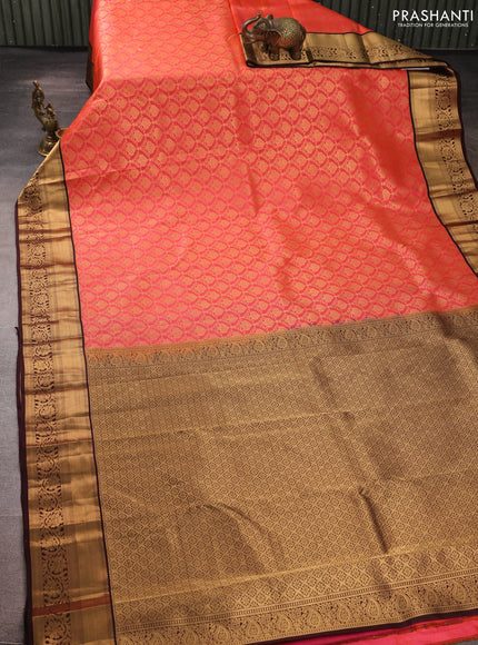 Pure kanchipuram silk saree peach orange and coffee brown with allover zari woven brocade weaves and rich zari woven korvai border