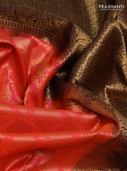 Pure kanchipuram silk saree peach orange and coffee brown with allover zari woven brocade weaves and rich zari woven korvai border