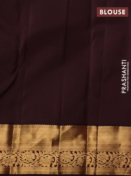 Pure kanchipuram silk saree peach orange and coffee brown with allover zari woven brocade weaves and rich zari woven korvai border