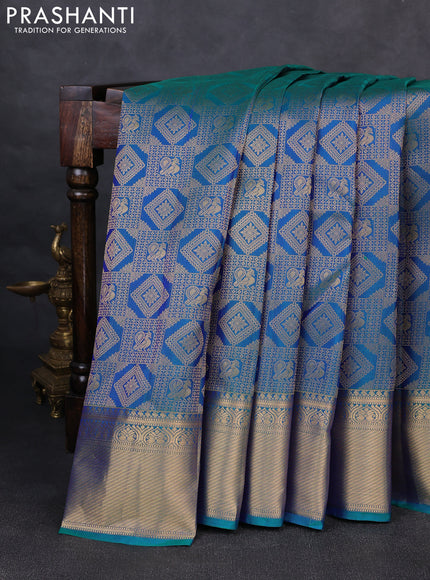Pure kanchipuram silk saree dual shade of peacock green with allover zari woven brocade weaves and rich zari woven border