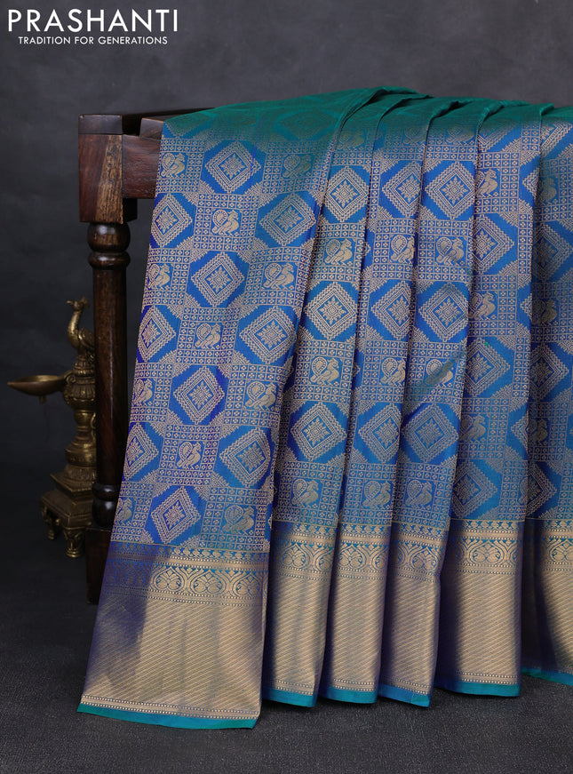 Pure kanchipuram silk saree dual shade of peacock green with allover zari woven brocade weaves and rich zari woven border