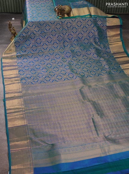 Pure kanchipuram silk saree dual shade of peacock green with allover zari woven brocade weaves and rich zari woven border