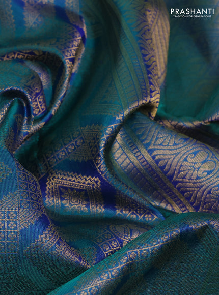 Pure kanchipuram silk saree dual shade of peacock green with allover zari woven brocade weaves and rich zari woven border