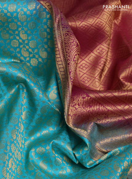 Pure kanchipuram silk saree teal blue and magenta pink with allover zari woven brocade weaves and rich zari woven korvai border
