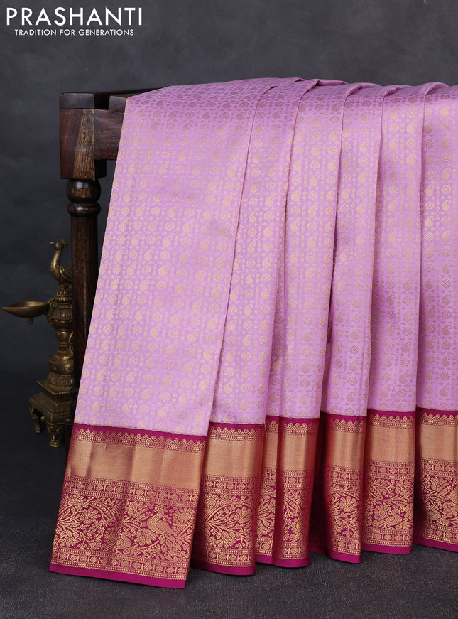 Pure kanchipuram silk saree lavender and magenta pink with allover zari woven brocade weaves and rich zari woven korvai border