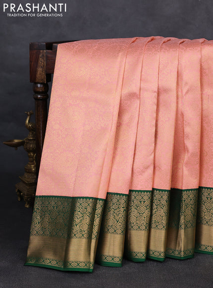 Pure kanchipuram silk saree peach and green with allover zari woven brocade weaves and rich zari woven korvai border