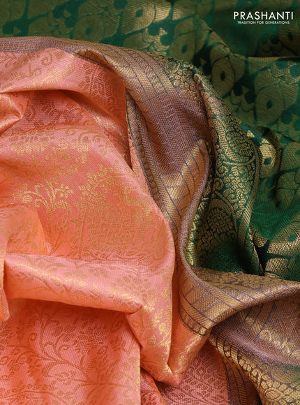 Pure kanchipuram silk saree peach and green with allover zari woven brocade weaves and rich zari woven korvai border