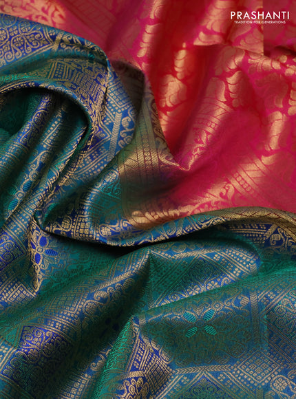 Pure kanchipuram silk saree dual shade of bluish green and pink with allover zari woven brocade weaves and rich zari woven korvai border