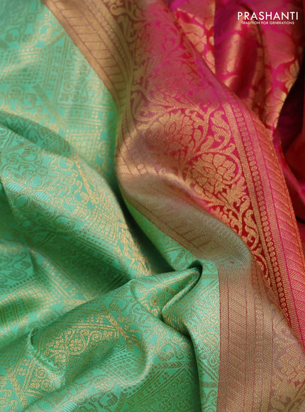 Pure kanchipuram silk saree teal green and pink with allover zari woven brocade weaves and rich floral zari woven korvai border