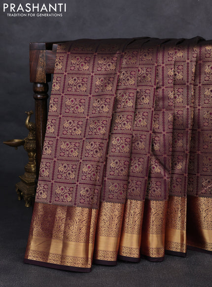 Pure kanchipuram silk saree wine shade with allover zari woven annam brocade weaves and rich zari woven border
