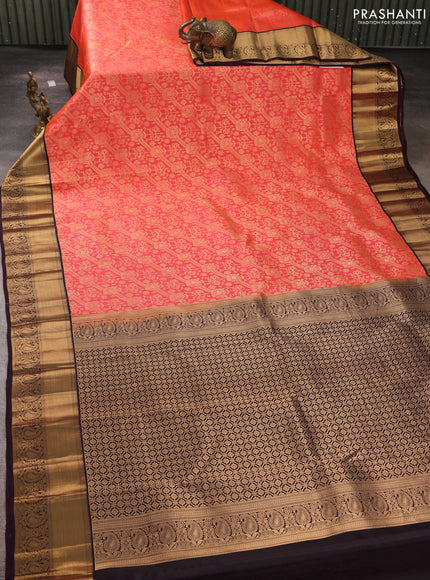 Pure kanchipuram silk saree peach orange and deep wine with allover zari woven brocade weaves and rich zari woven paisley korvai border