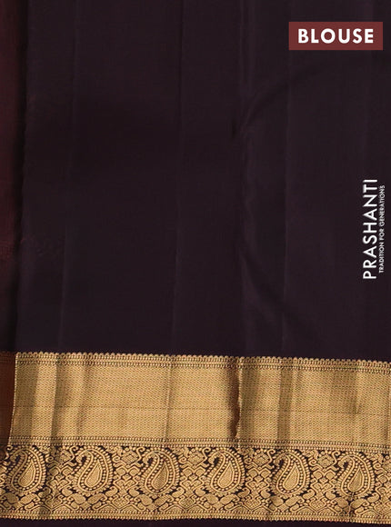 Pure kanchipuram silk saree peach orange and deep wine with allover zari woven brocade weaves and rich zari woven paisley korvai border