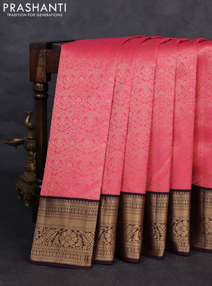 Pure kanchipuram silk saree pink and jamun shade with allover zari woven brocade weaves and rich zari woven korvai border