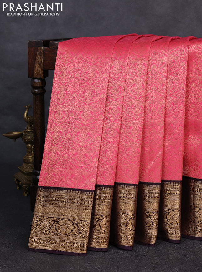 Pure kanchipuram silk saree pink and jamun shade with allover zari woven brocade weaves and rich zari woven korvai border