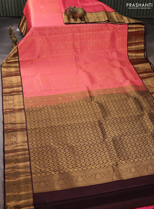 Pure kanchipuram silk saree pink and jamun shade with allover zari woven brocade weaves and rich zari woven korvai border