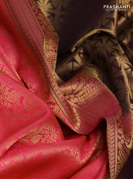 Pure kanchipuram silk saree pink and jamun shade with allover zari woven brocade weaves and rich zari woven korvai border