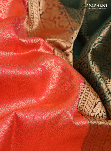 Pure kanchipuram silk saree peach orange and bottle green with allover zari woven brocade weaves and rich zari woven korvai border