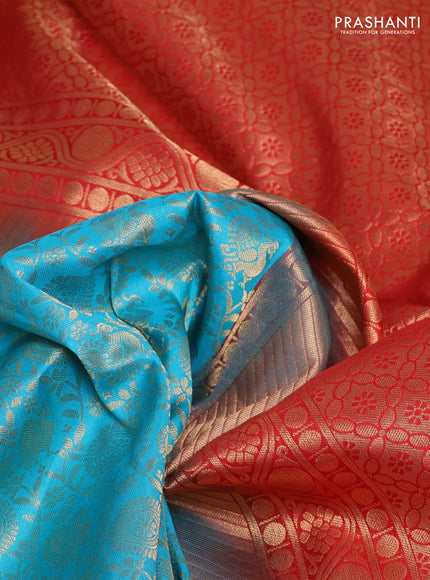 Pure kanchipuram silk saree teal blue and red with allover zari woven brocade weaves and rich zari woven korvai border
