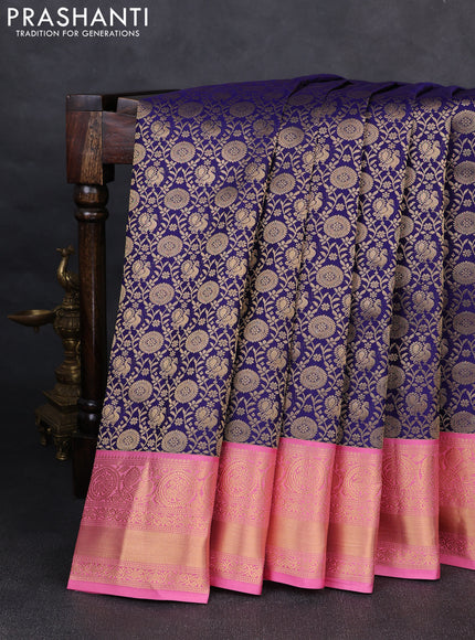 Pure kanchipuram silk saree dark blue and light pink with allover zari woven brocade weaves and rich zari woven korvai border
