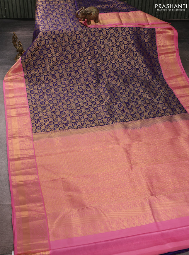 Pure kanchipuram silk saree dark blue and light pink with allover zari woven brocade weaves and rich zari woven korvai border