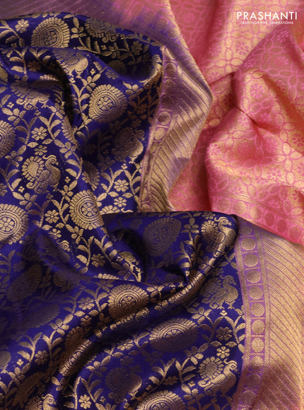 Pure kanchipuram silk saree dark blue and light pink with allover zari woven brocade weaves and rich zari woven korvai border