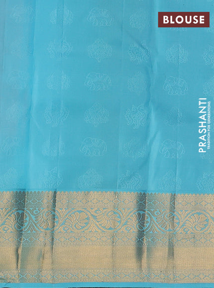 Pure kanchipuram silk saree light pink and light blue with allover zari woven brocade weaves and rich zari woven korvai border