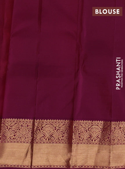 Pure kanchipuram silk saree peach and purple with allover zari woven brocade weaves and rich zari woven korvai border