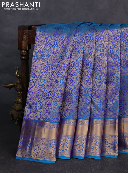 Pure kanchipuram silk saree rama blue with allover zari woven brocade weaves and rich zari woven border