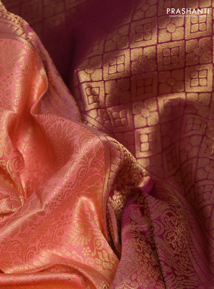 Pure kanchipuram silk saree peach shade and purple with allover zari woven brocade weaves and rich zari woven korvai border